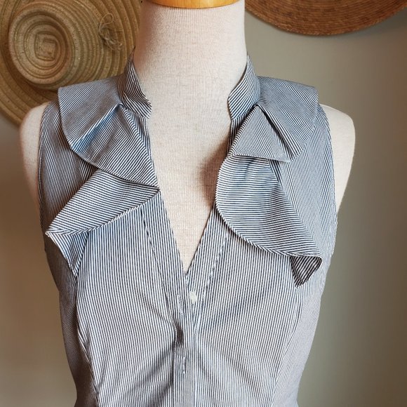 Tahari Sleeveless Ruffle Neckline Striped Blouse - Picture 2 of 8